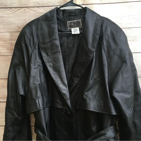 VINTAGE LIZ BAKER ESSENTIALS BLACK LEATHER FULL LENGTH TRENCH COAT - Picture 4 of 12